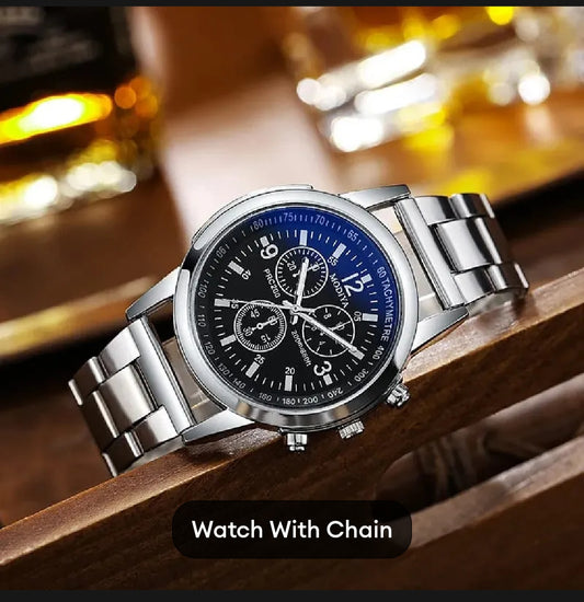 Pack of 2 Classic Luxury Watch for Men / Boys With Silver Hand/Wrist Bracelet Chain
