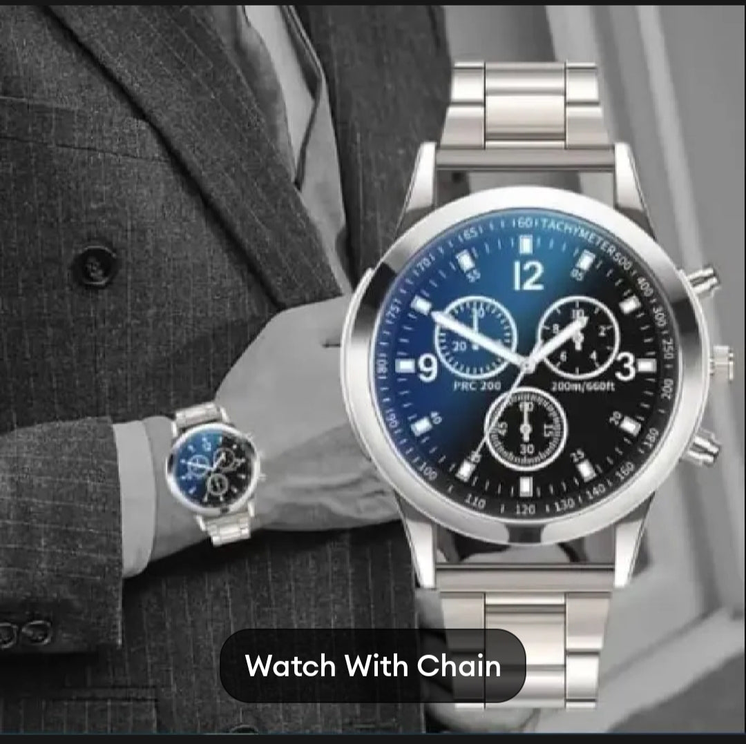 Pack of 2 Classic Luxury Watch for Men / Boys With Silver Hand/Wrist Bracelet Chain