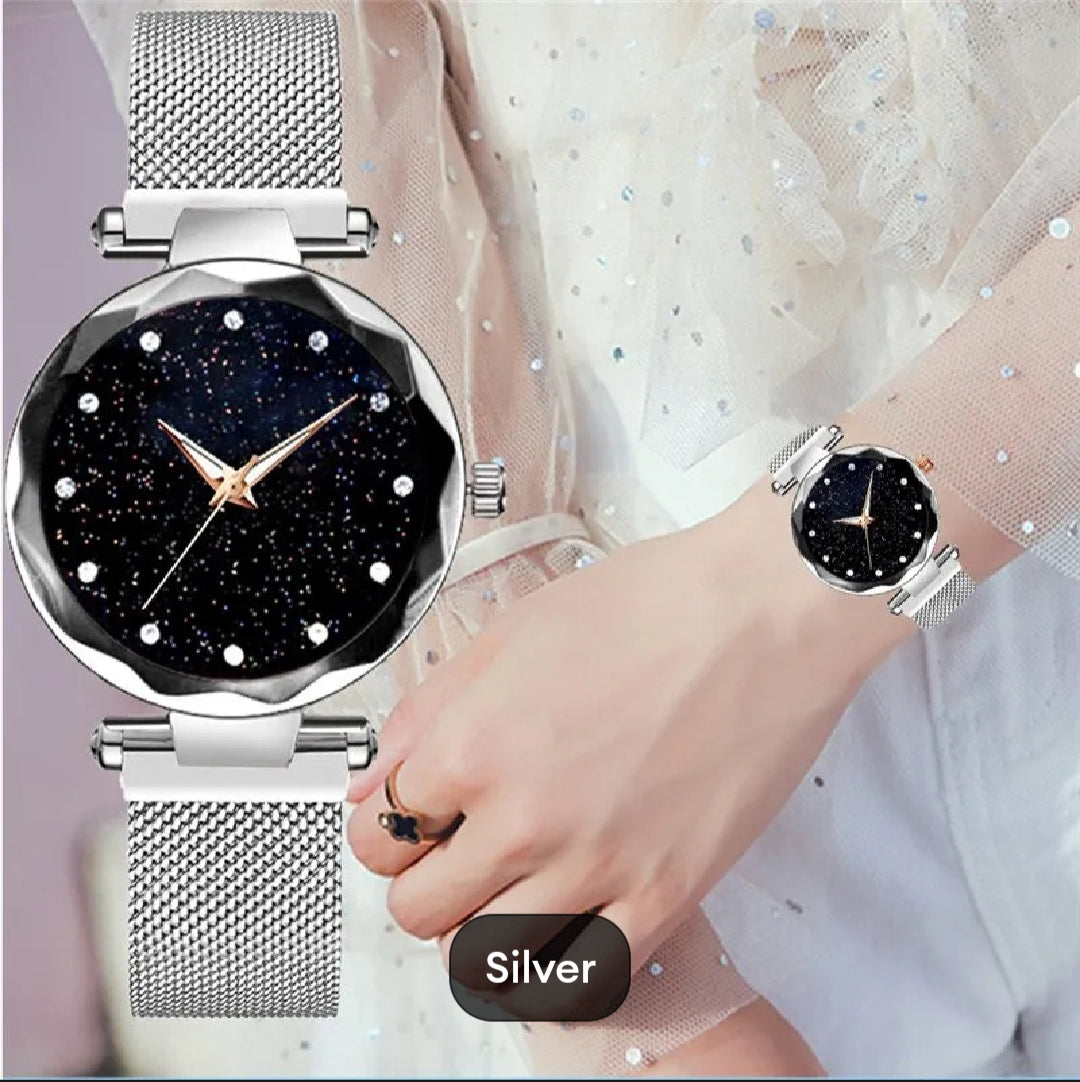 Women Mesh Magnet Buckle Starry Sky Luxury Fashion Analog Watches for Girls - Magnetic Strip/Chain - College/Office