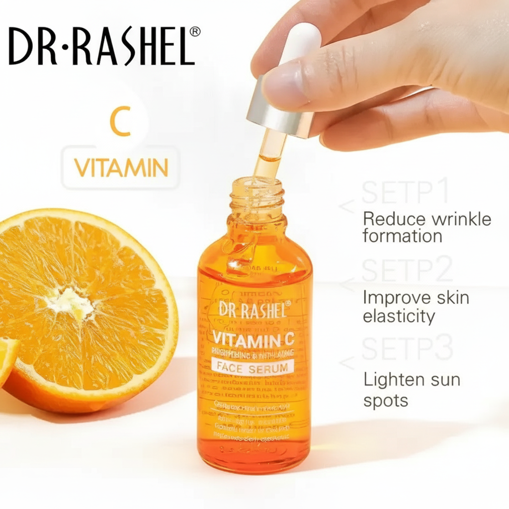 Dr. Rashel Vitamin C face serum with a dropper, orange fruit, and product benefits text.