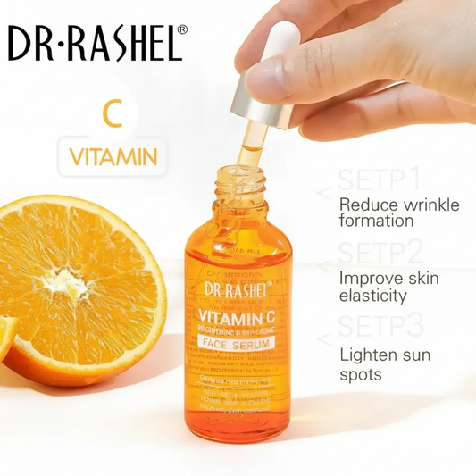 Dr. Rashel Vitamin C face serum with a dropper, orange fruit, and product benefits text.