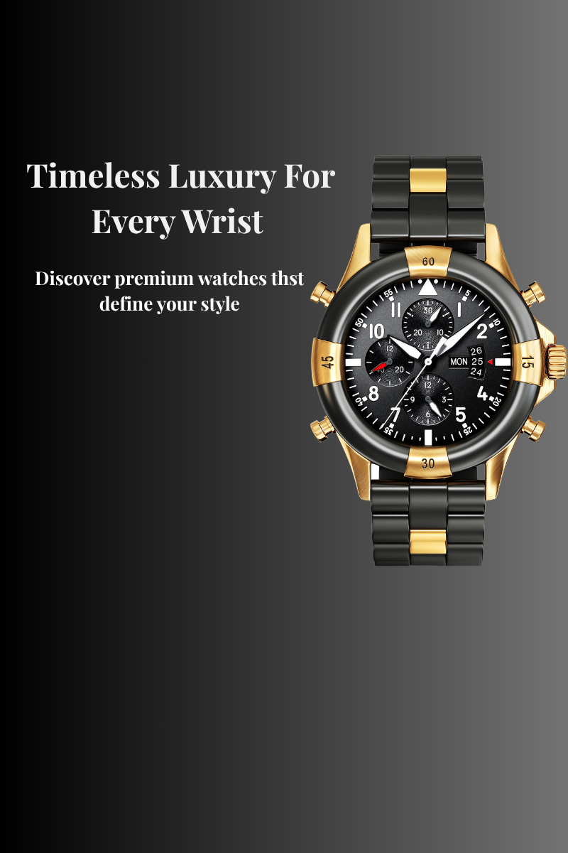 Luxury watch with black and gold band on a dark background