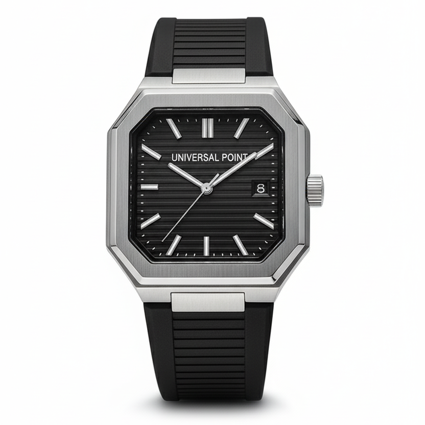 Black and silver watch with 'Universal Point' branding on a white background