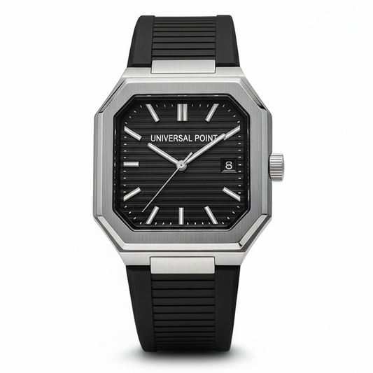 Black and silver watch with 'Universal Point' branding on a white background