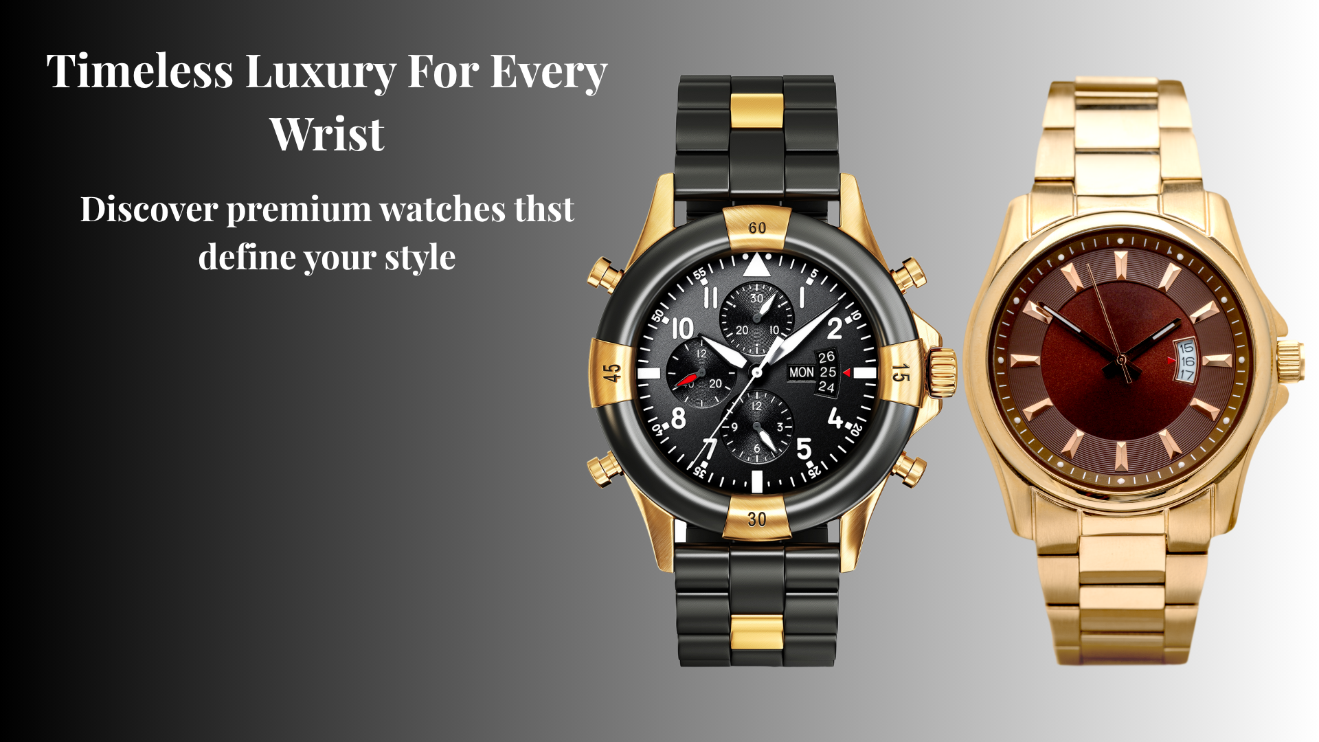 Two luxury watches, one black and gold, one gold, on a gradient gray background with text about premium watches.