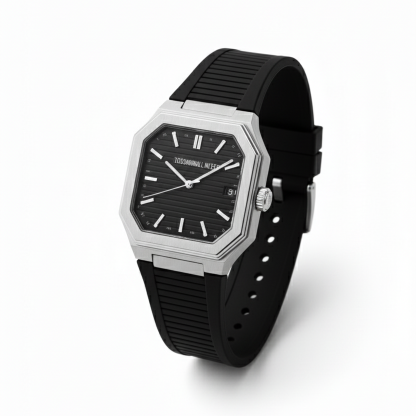 Black watch with a silver case on a white background