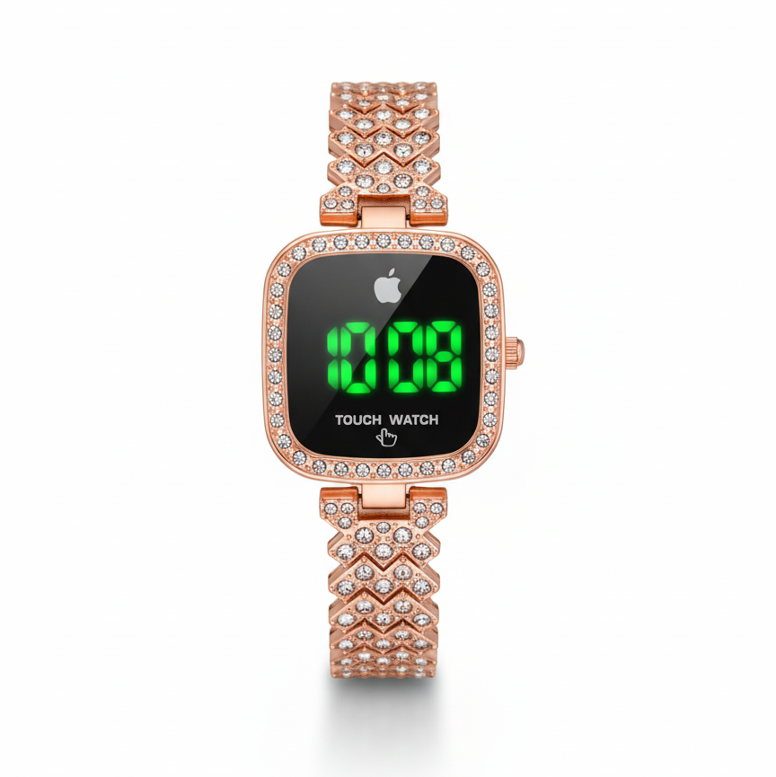 Rose gold digital watch with a black screen displaying '008' on a white background