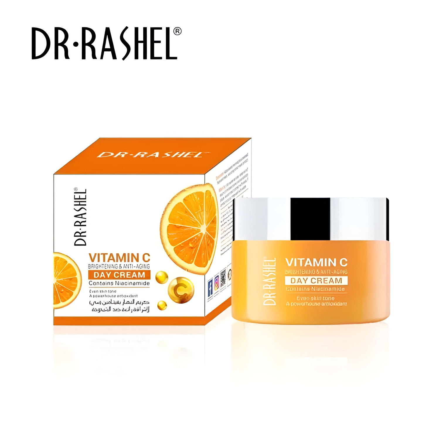 Dr. Rashel Vitamin C Day Cream packaging with orange slices and cream jar on a white background