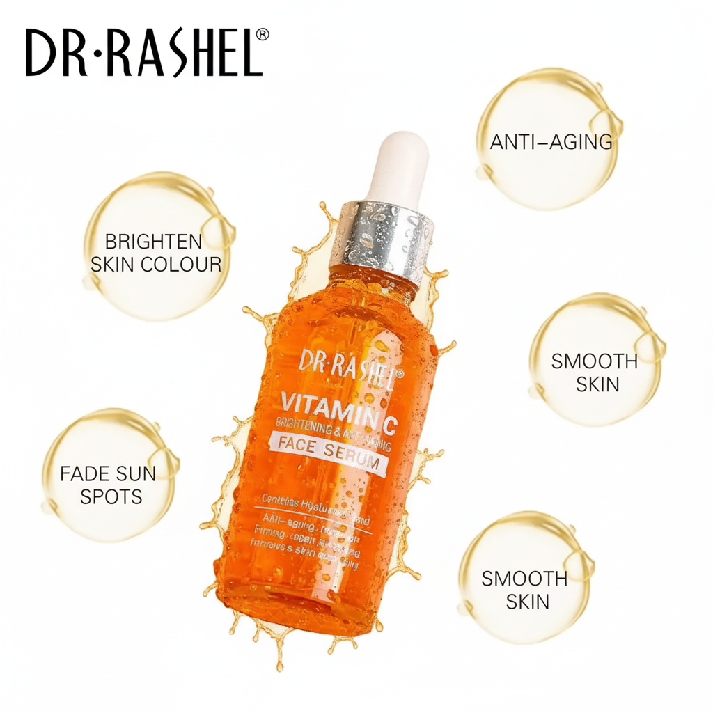 Dr. Rashel Vitamin C face serum bottle with product benefits on a white background