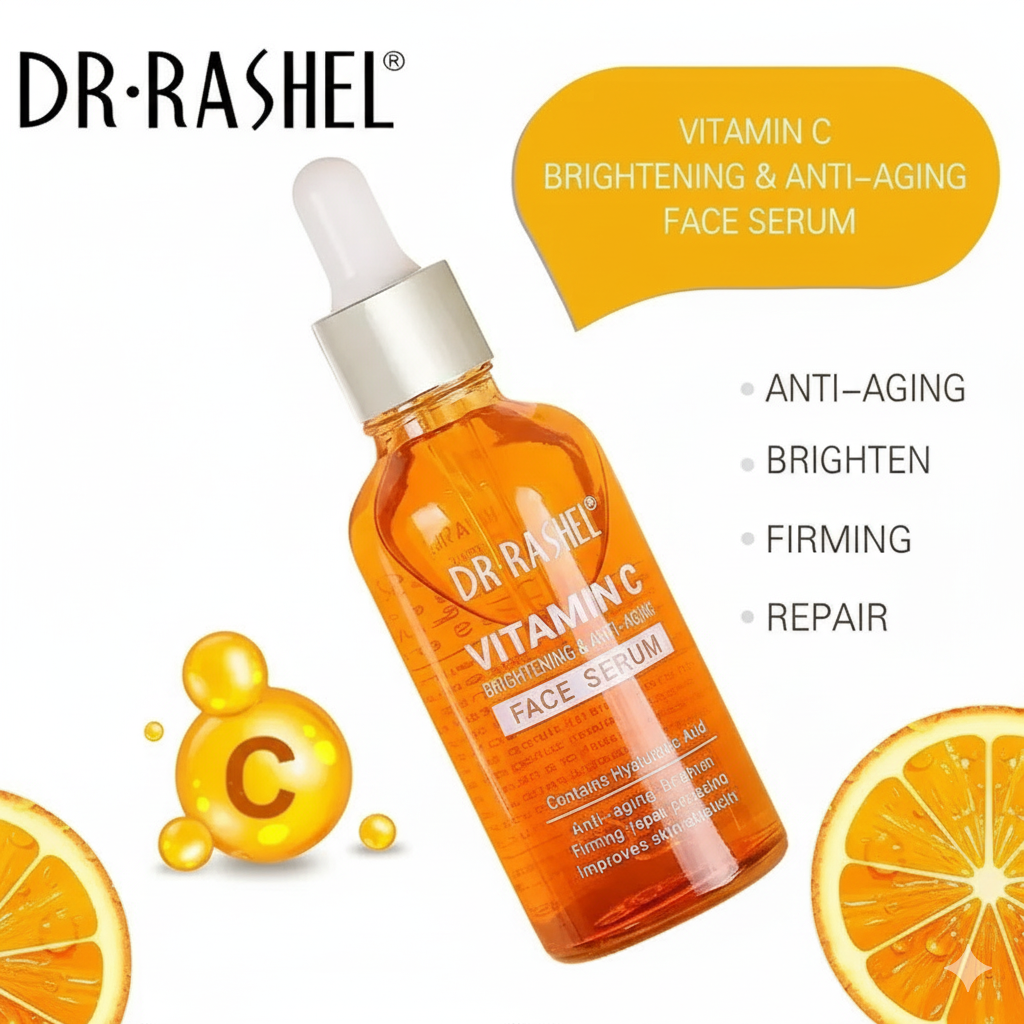 Dr. Rashel Vitamin C brightening and anti-aging face serum with orange slices on a white background